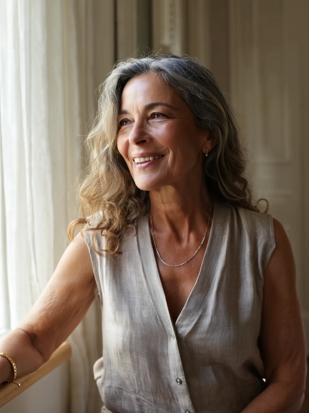 Voluminous Silver Waves with Warm Brown Undertones